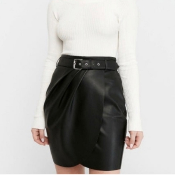 Express Dresses & Skirts - Express S0 Belted Wrap Fux Black Leather Skirt